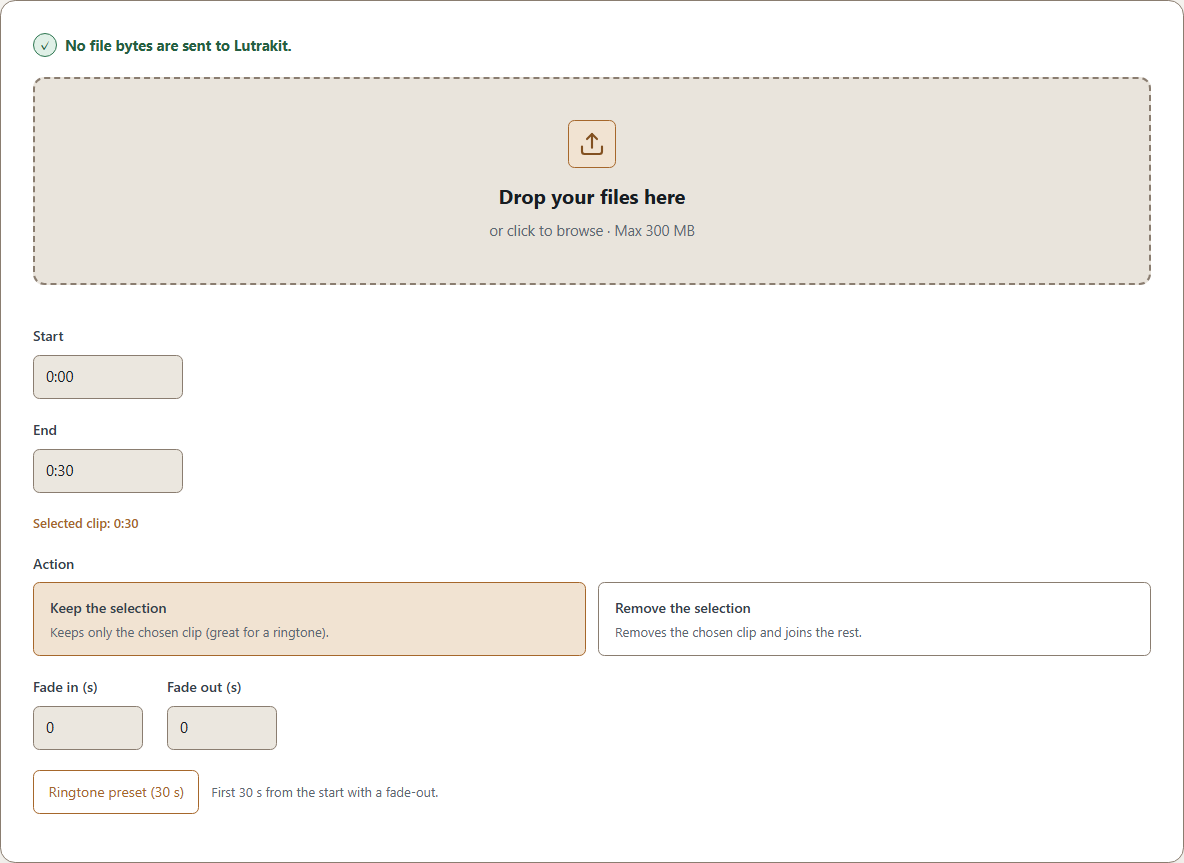 Lutrakit Audio Cutter with its current browser-side controls