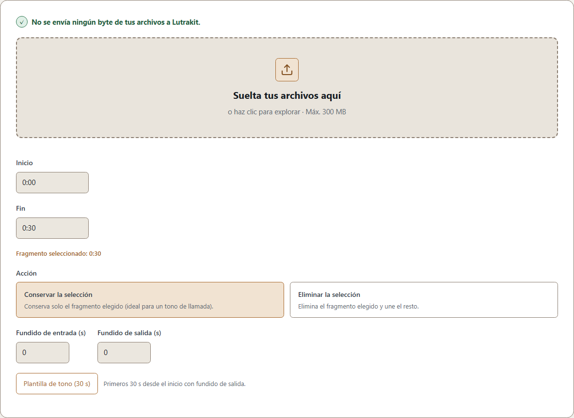 Cortar audio de Lutrakit con sus controles actuales