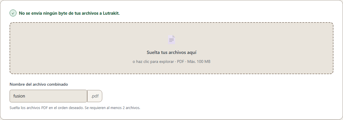 Lutrakit Unir PDF antes de seleccionar archivos locales