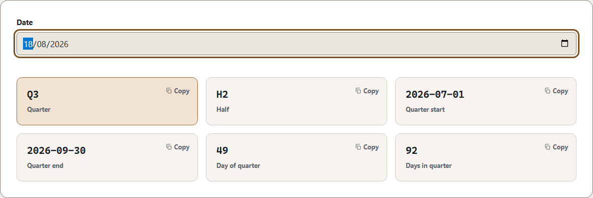 Lutrakit Quarter Finder with a calendar date input