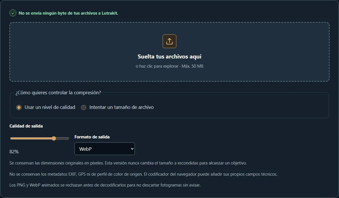 Controles del compresor para salida WebP, calidad del 82 por ciento y proceso local por lotes