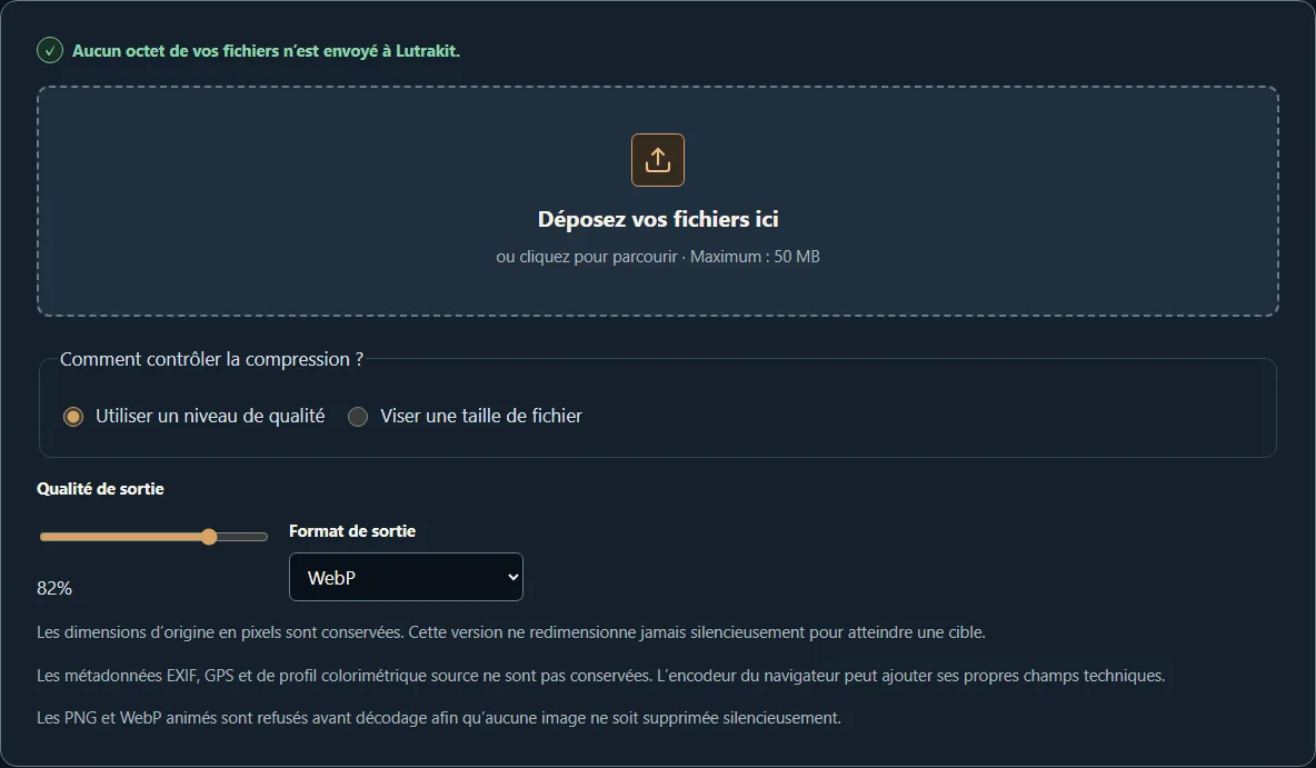 Réglages du compresseur pour une sortie WebP, une qualité de 82 pour cent et un traitement local par lot