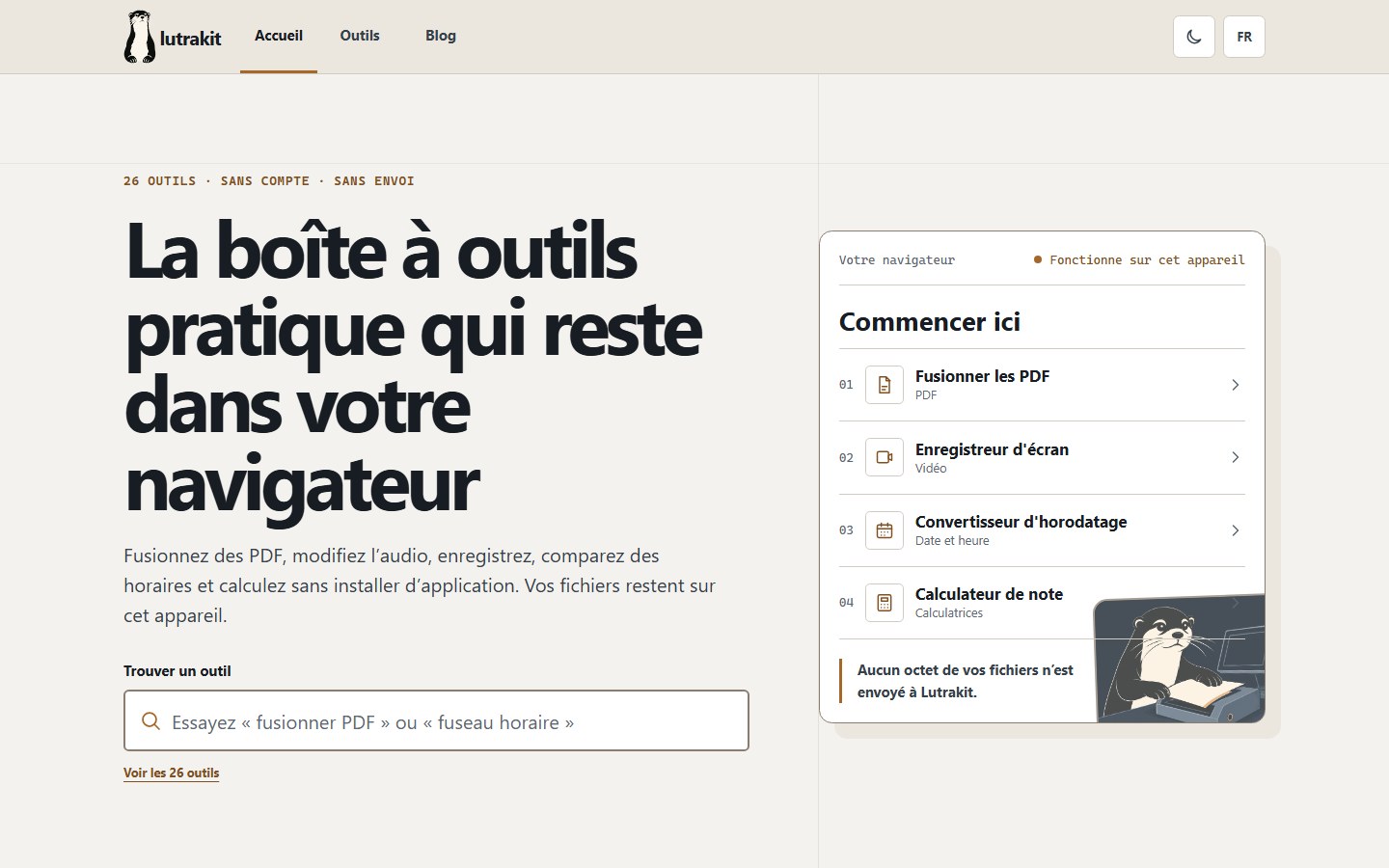French Lutrakit home page with the French language selected and the localized tool workbench visible