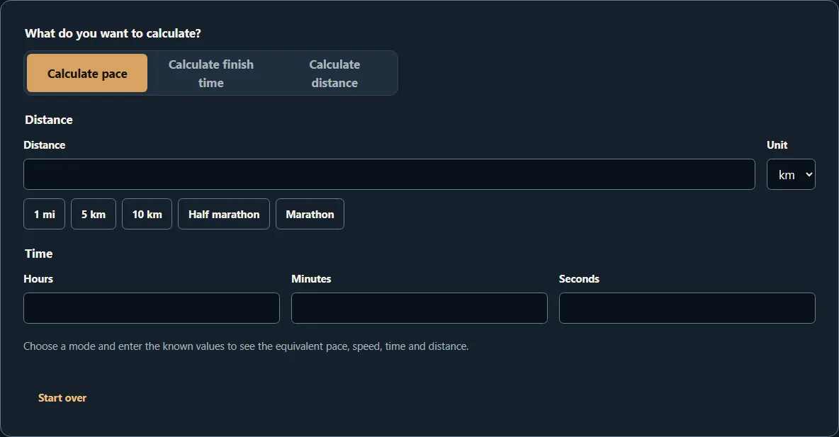 Lutrakit Pace Calculator with distance, time, unit controls and a copied calculation-link action