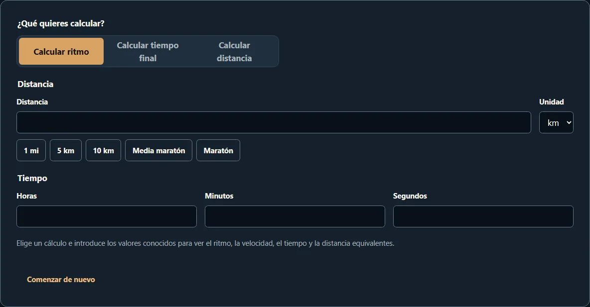Calculadora de ritmo de Lutrakit con modos, resultados en kilómetros y millas y acción para copiar el enlace del cálculo