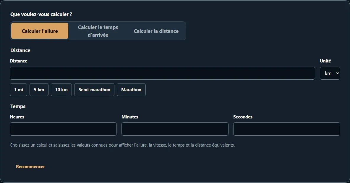 Calculateur Lutrakit avec modes allure, temps et distance, résultats km/miles et bouton de copie du lien