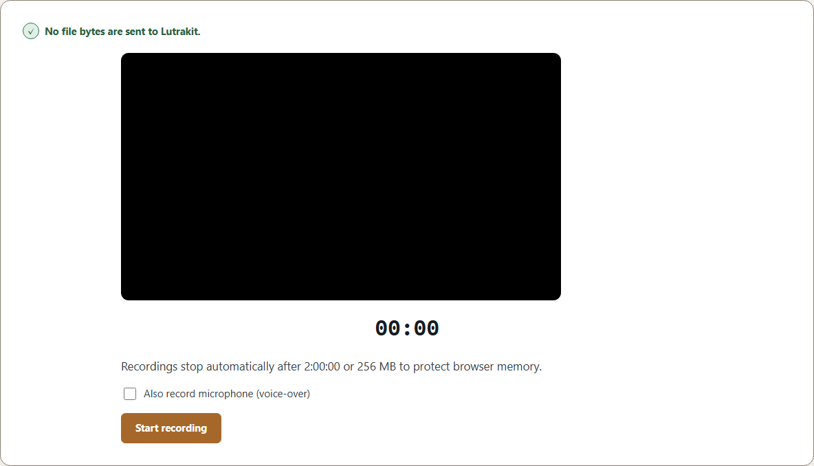 Lutrakit Screen Recorder before capture, showing the optional microphone setting and Start recording button