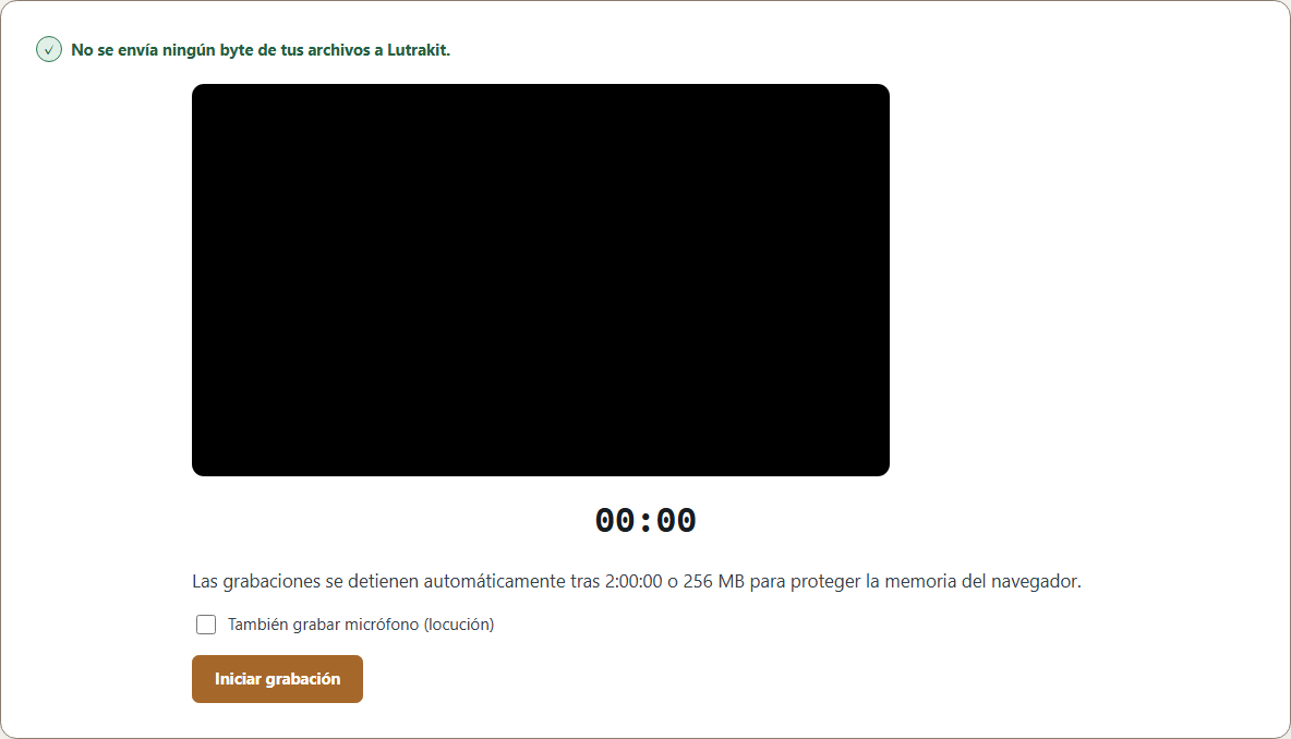 Grabadora de pantalla de Lutrakit antes de empezar, con la opción de micrófono y el botón de grabación